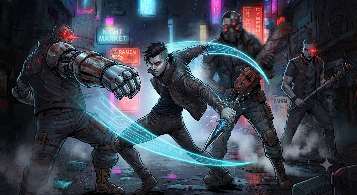 Vance fights - cyan blades carving neon rain