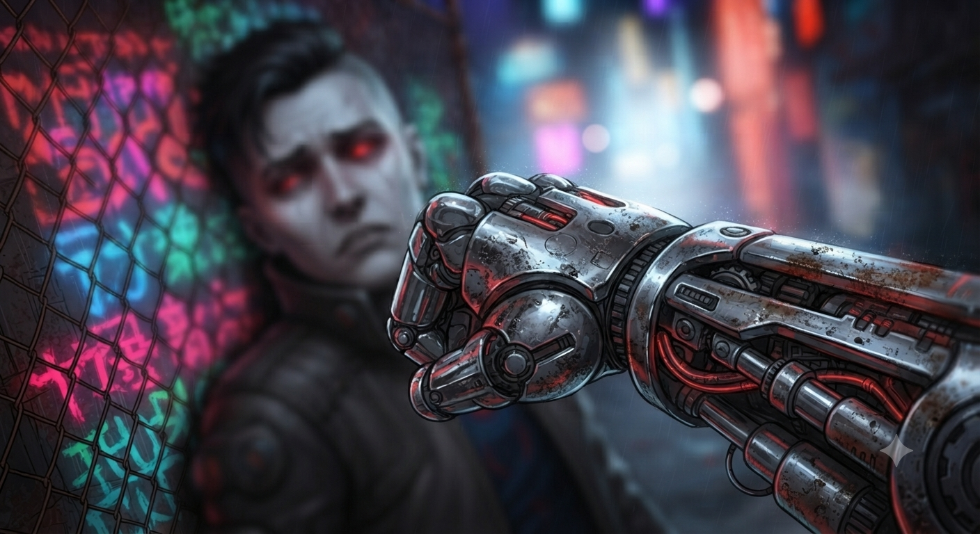 The fist comes down - chrome knuckles, rain, nowhere left