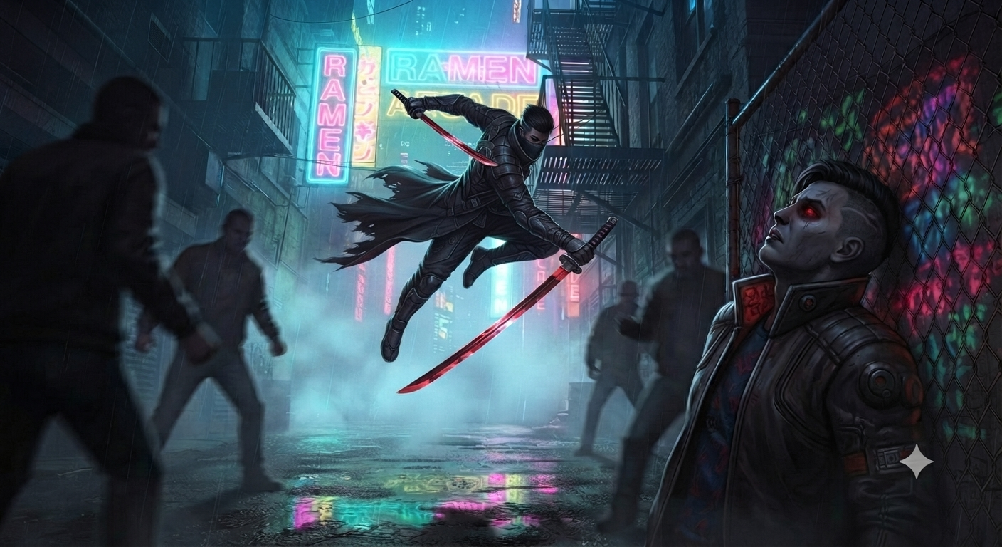A mysterious man drops in - red-steel katanas, mid-air, no negotiation