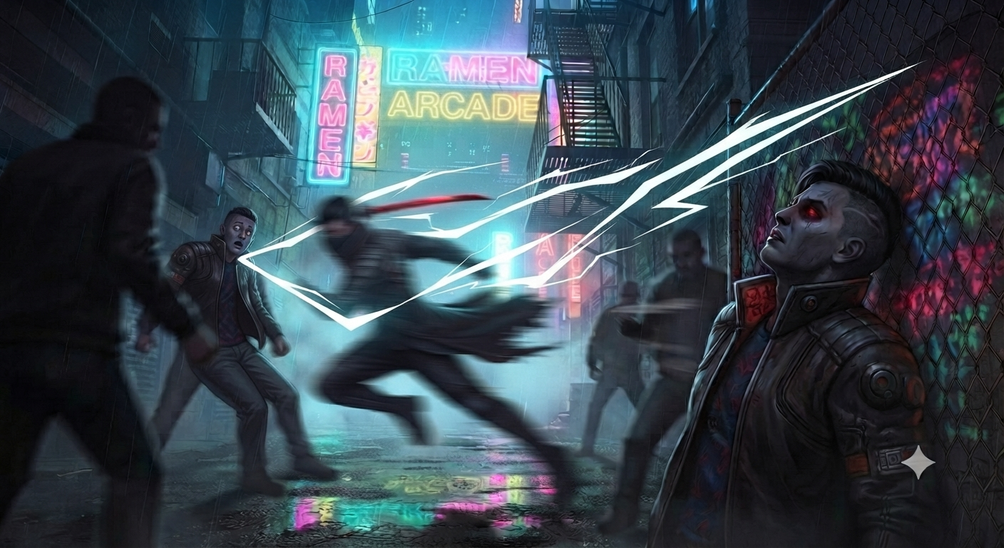 A cyan-white slash - speed that rewrites ownership