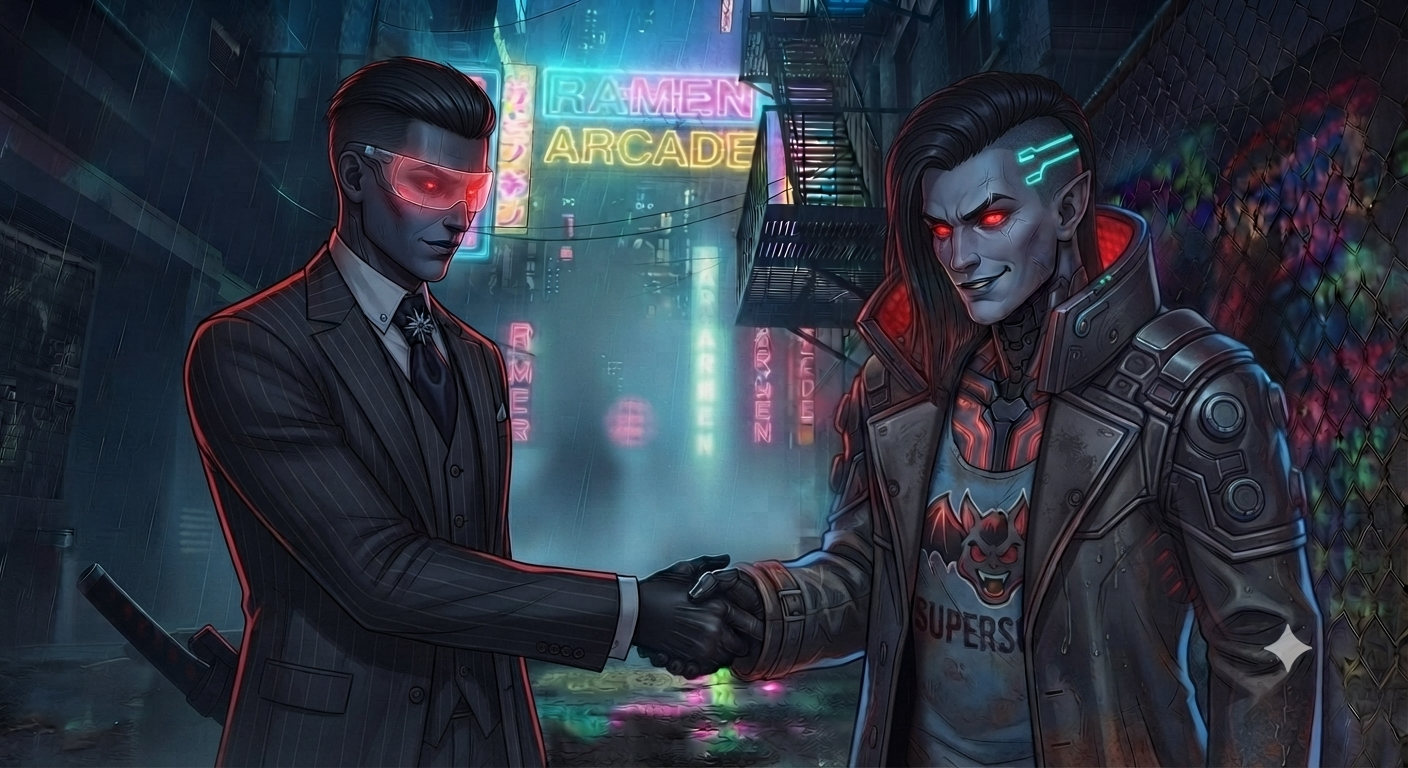 The alliance - suit and street, handshake in the neon