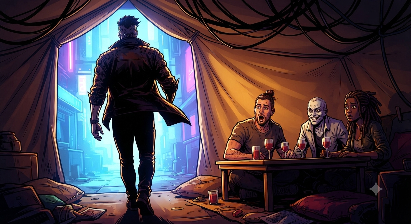 He walks out - warm tent behind, neon city ahead