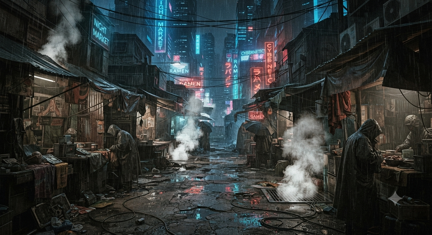Night Market - rain, steam, neon, hunger