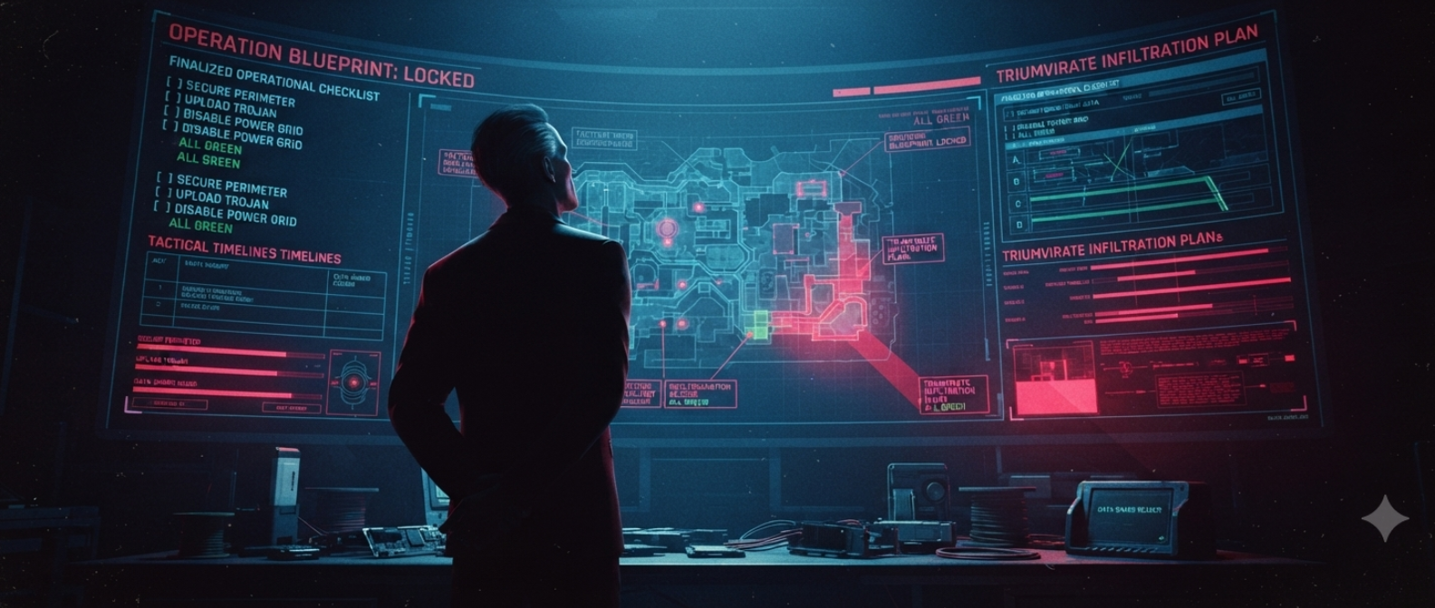 Operational blueprint locked - checklist glowing on the wall