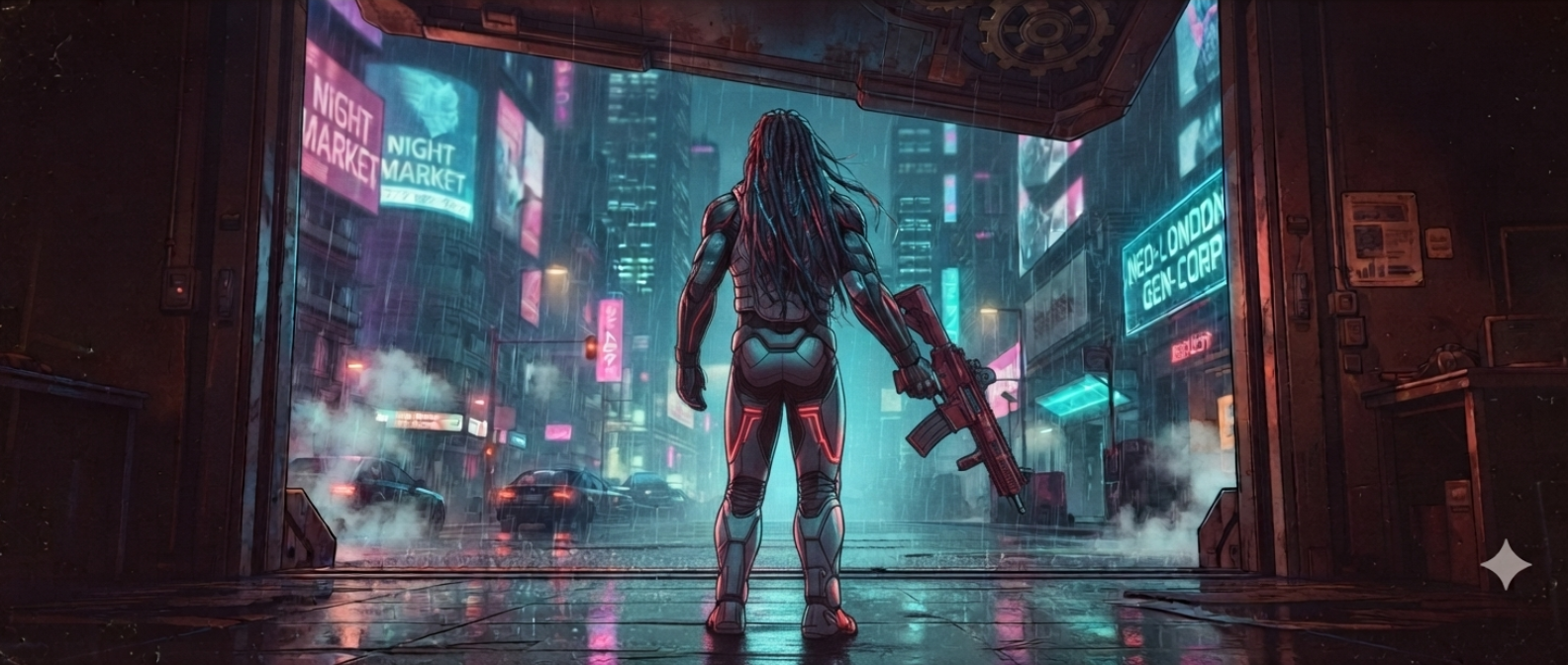 Into the neon threshold - blast door open, drizzle waiting