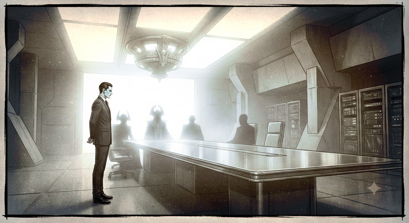Flashback - younger Mr. Nightshade before the Triumvirate's long table