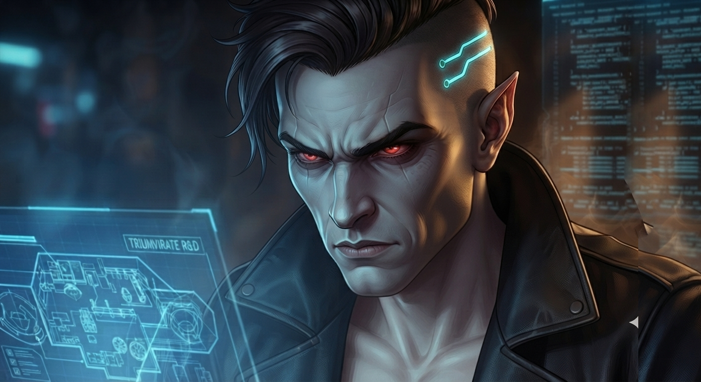 Vance stares into the schematic - cold ambition lighting up