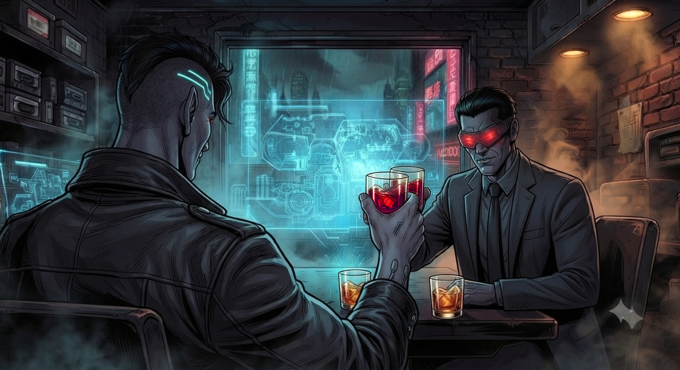 The alliance sealed - glasses up, hologram burning behind them