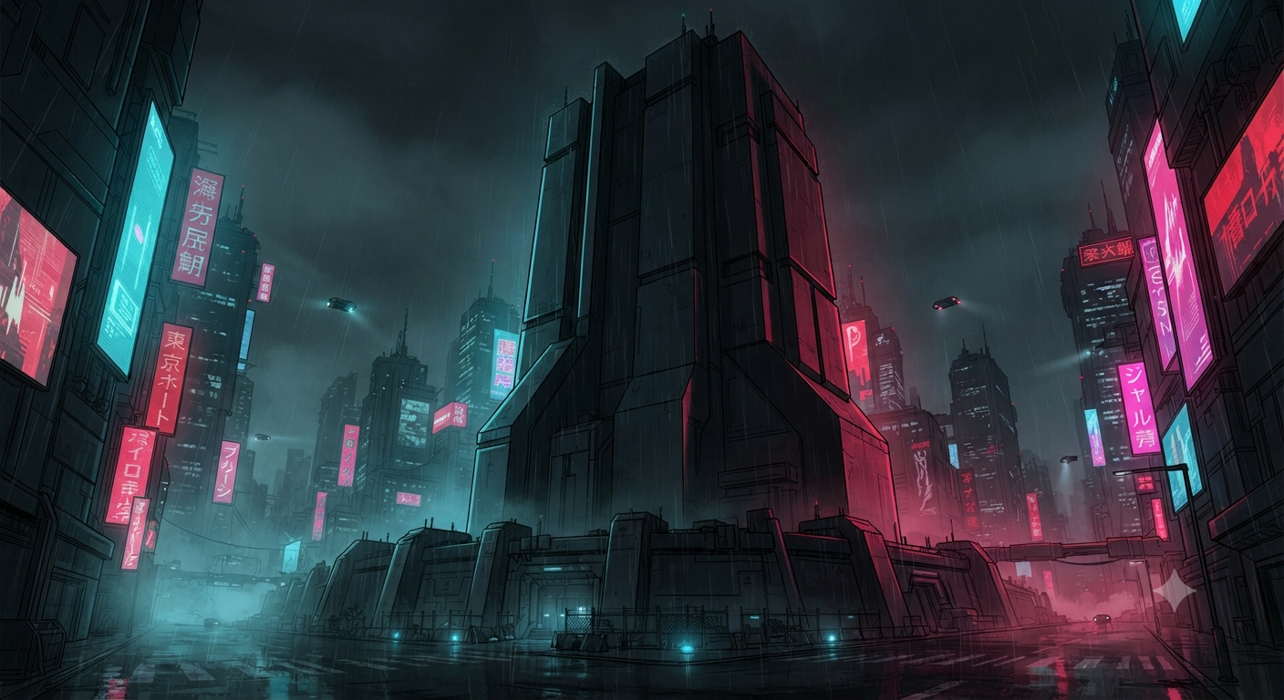 Triumvirate Weapons R&D tower in the Neo-London rain