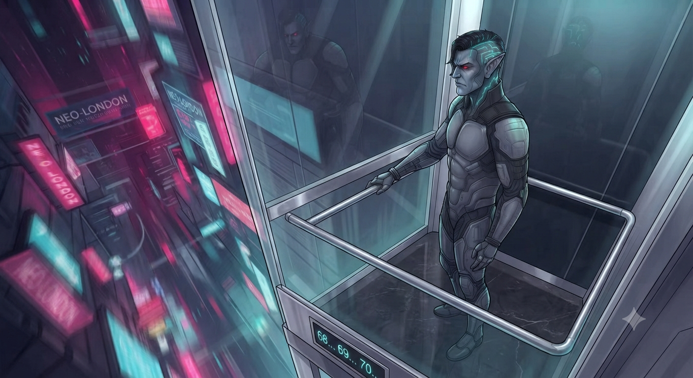 Vance in the glass elevator rising through the tower