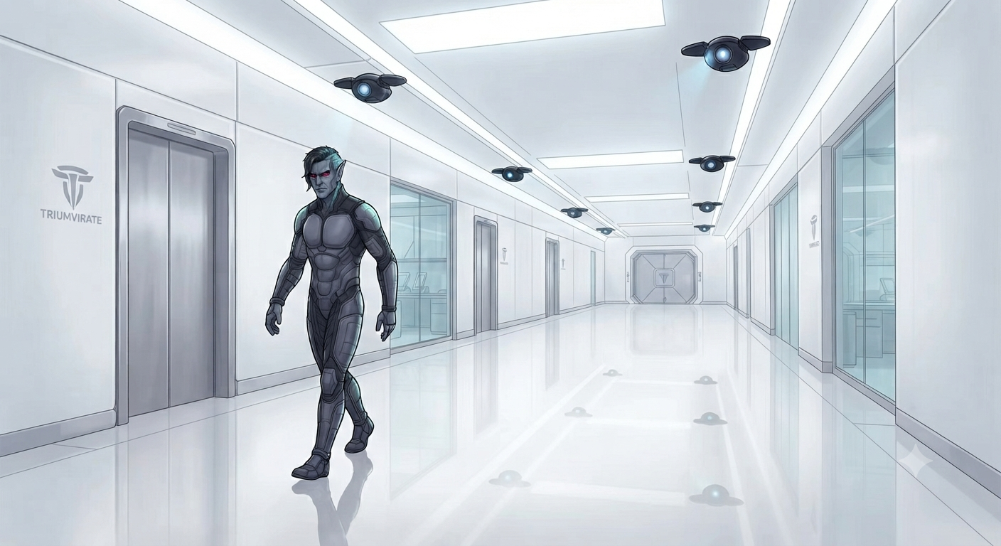 Vance walking an empty R&D corridor under security drones