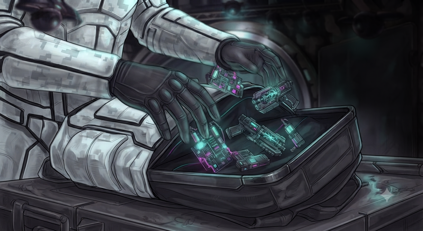 Vance packing stolen prototypes into his rucksack