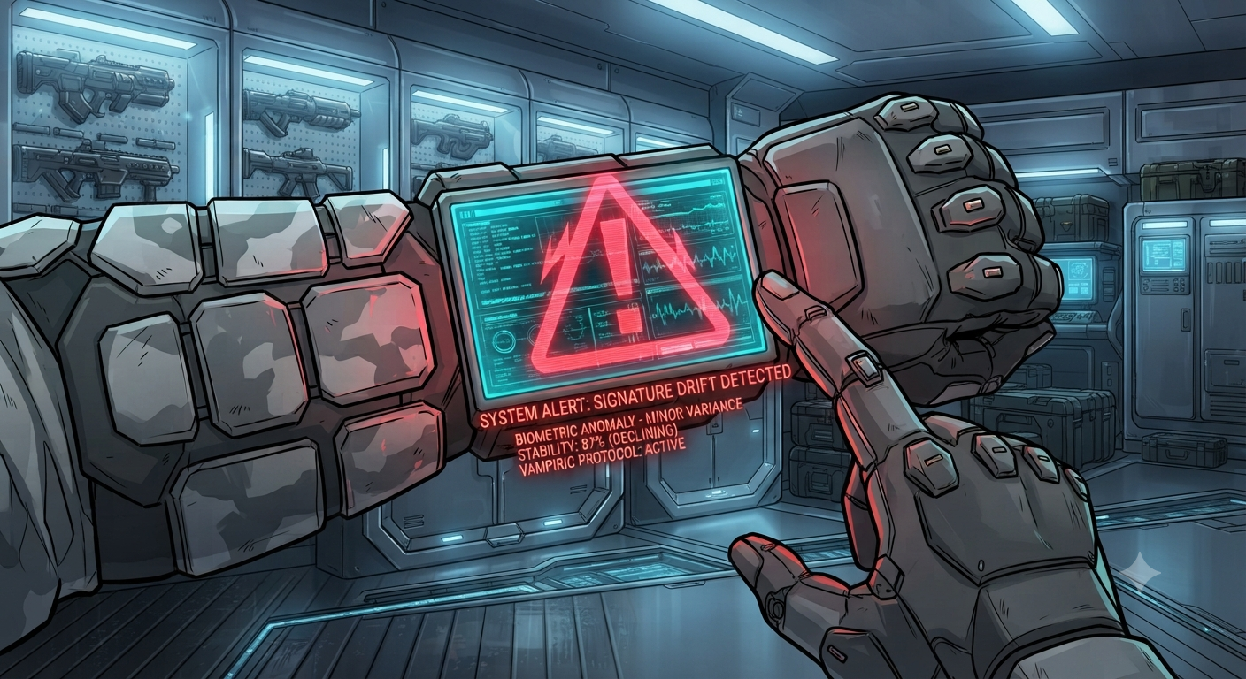 Biometric drift warning on Vance's wrist