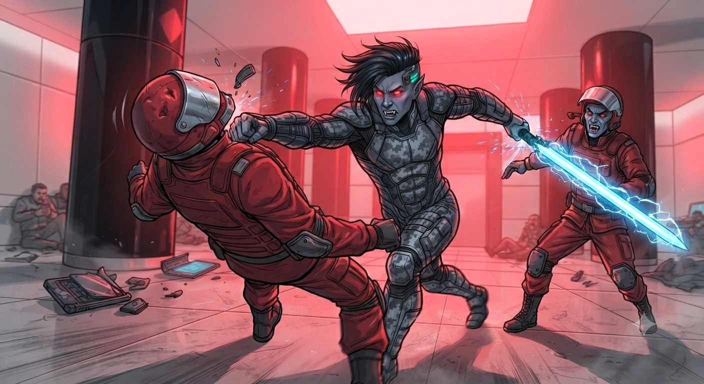 Vance fighting Triumvirate guards with the mask off