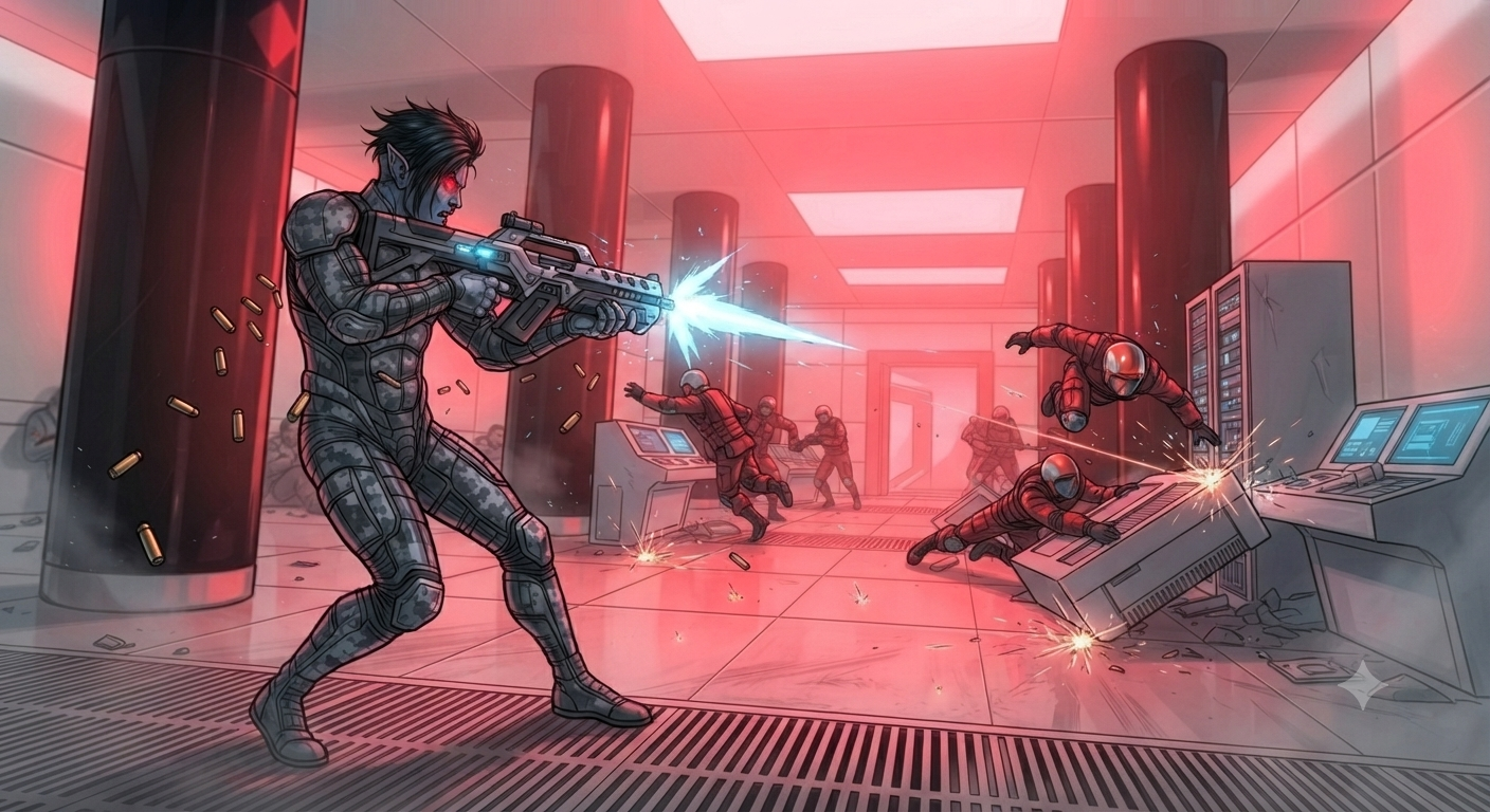 Vance suppressing advancing guards down the corridor