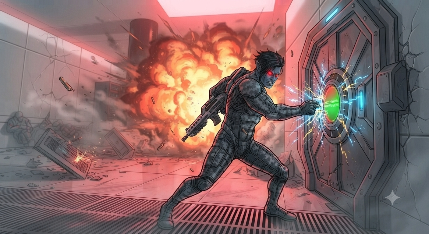 Vance unlocking the blast doors with a stolen keycard
