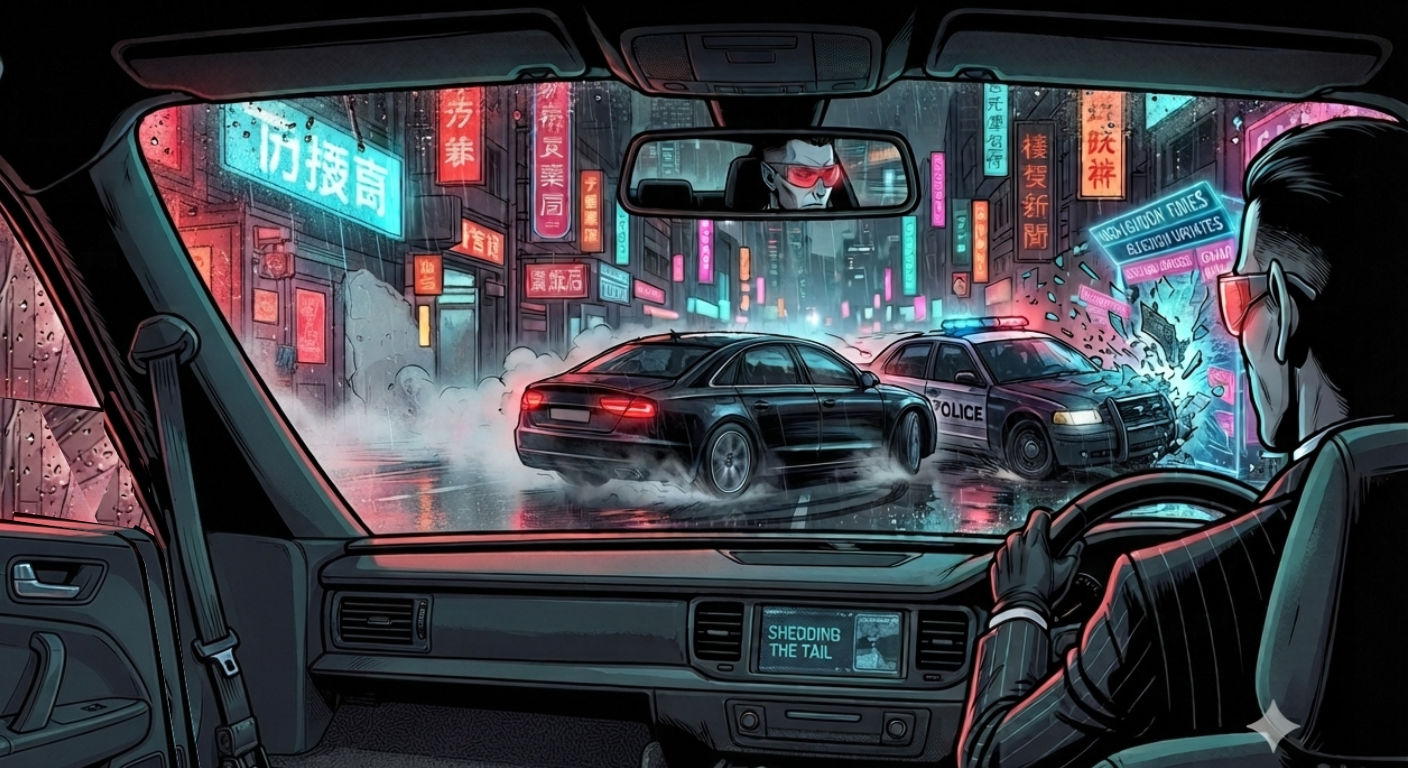 The getaway car peeling away into the neon