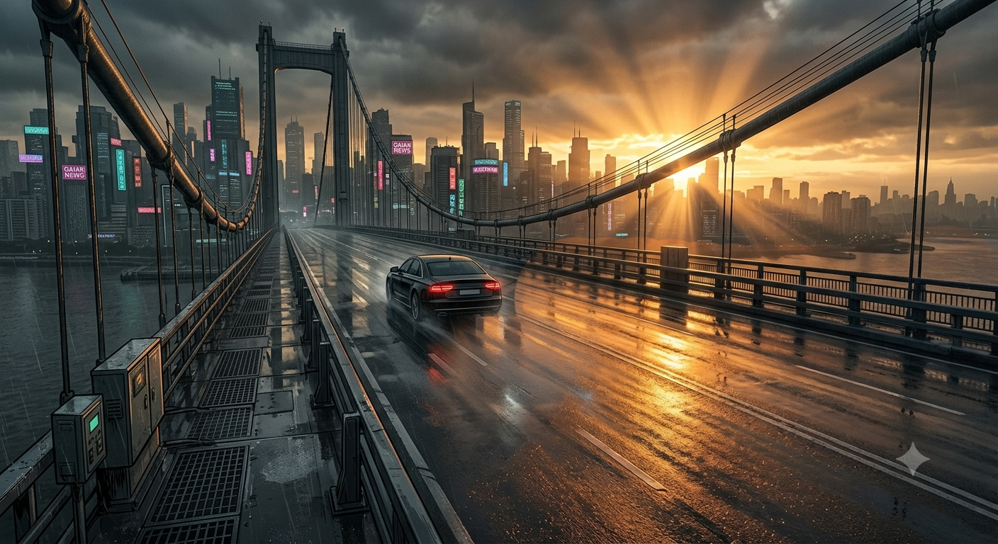 Dawn on the bridge - getaway complete
