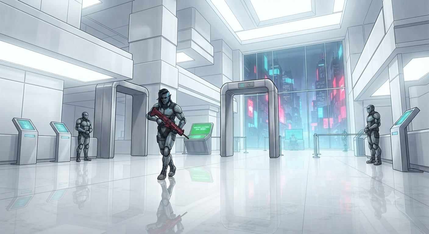 Vance entering the sterile white lobby