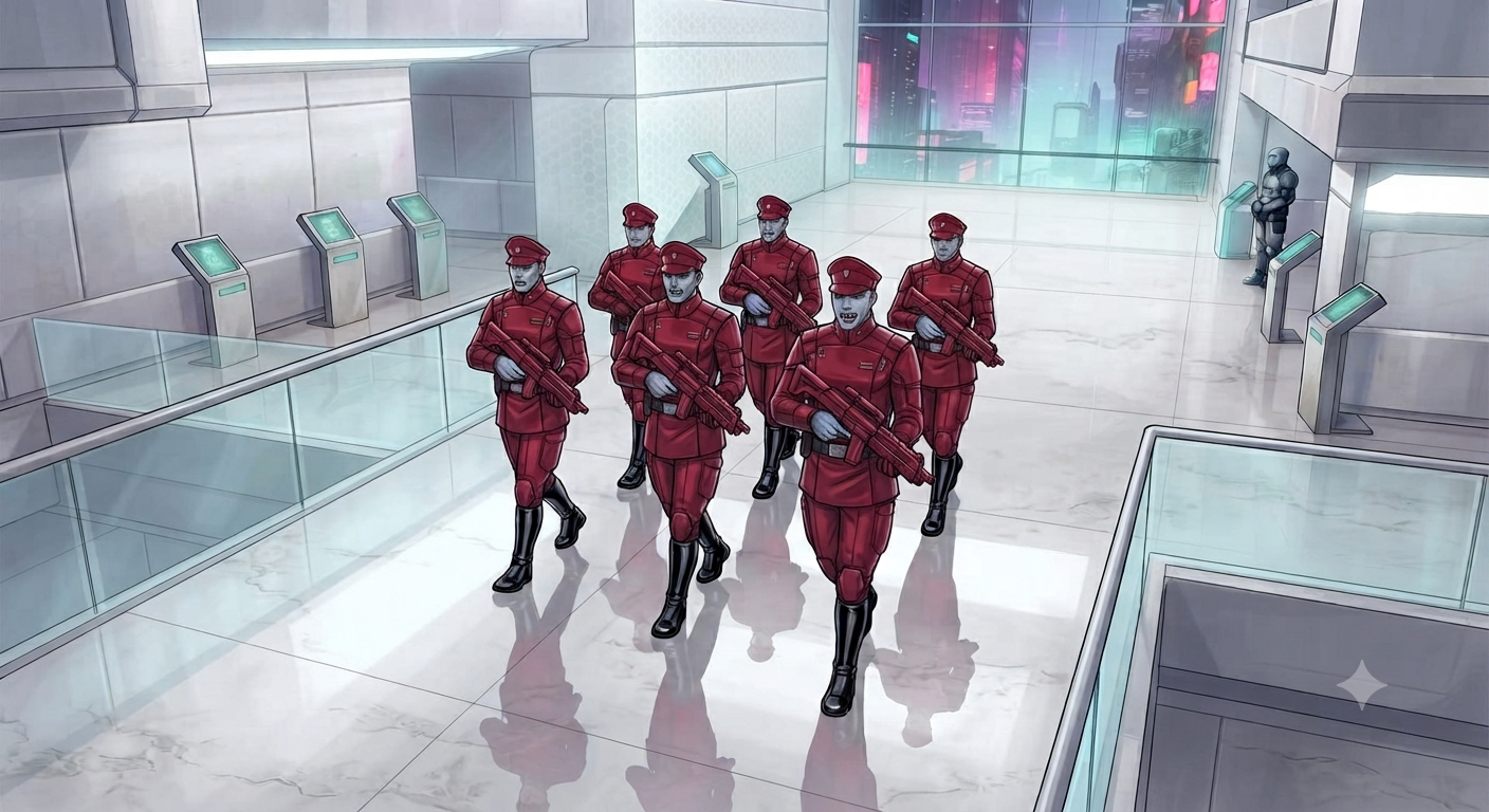 Triumvirate red guards marching in lockstep