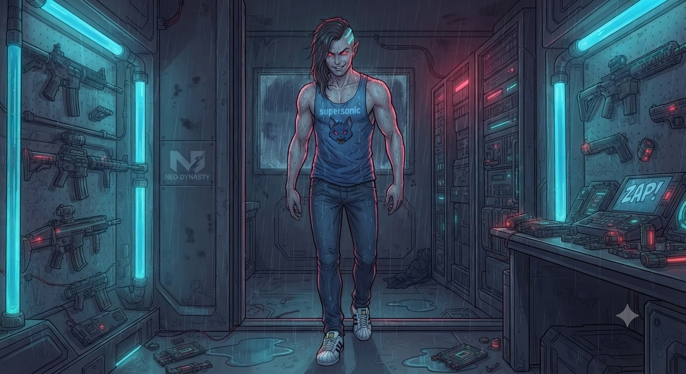 Vance enters the fortified safehouse in the rain