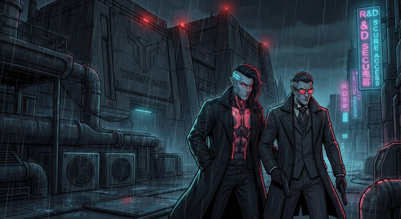Vance and Nightshade approach the R&D facility in the rain