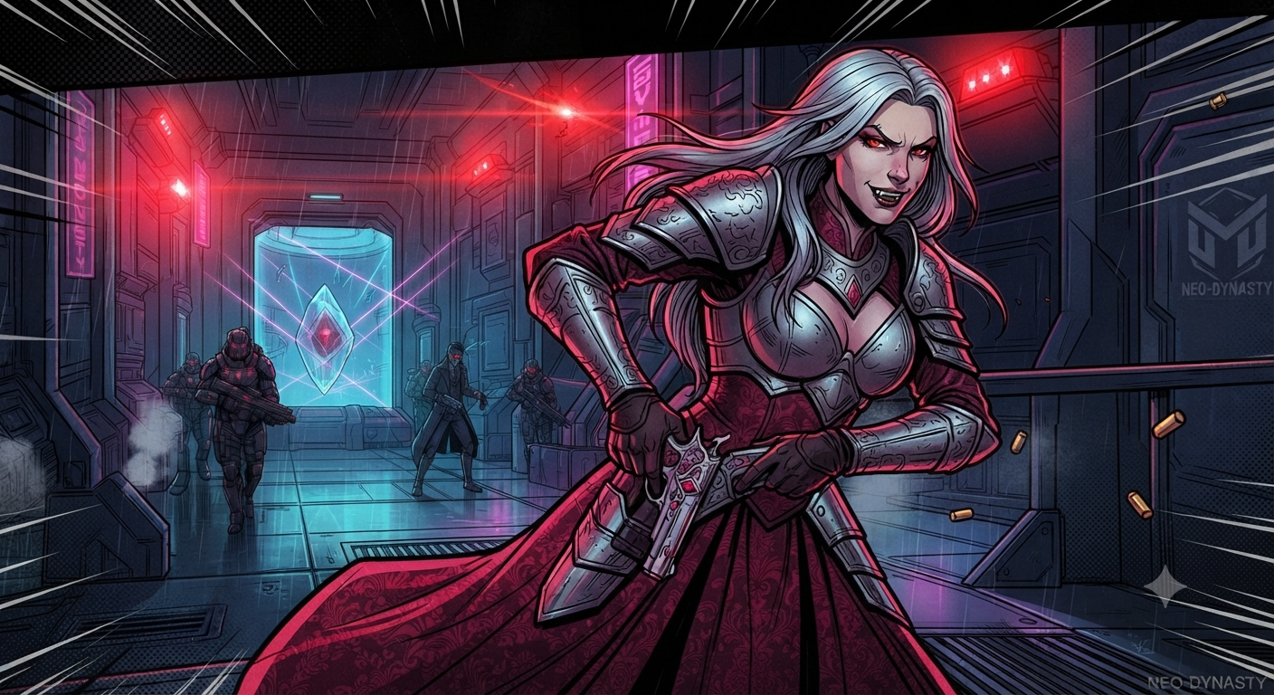 Bloodwood draws her weapon inside the facility