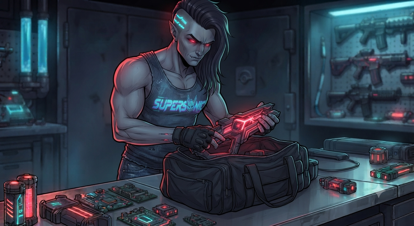 Vance unpacks stolen R&D prototypes on the workbench