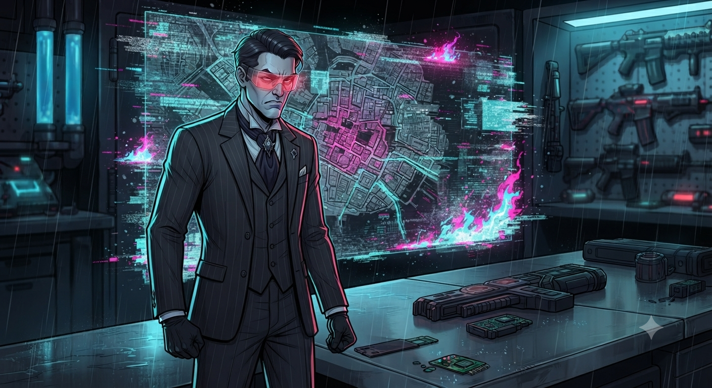 Nightshade stares at a dead holographic map