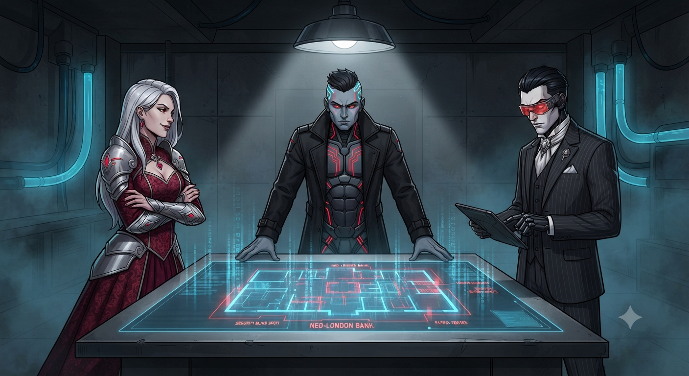 The war table - Neo-London Bank hologram between three predators