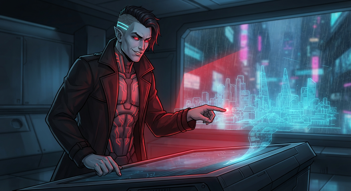 Vance marks the target on the city hologram