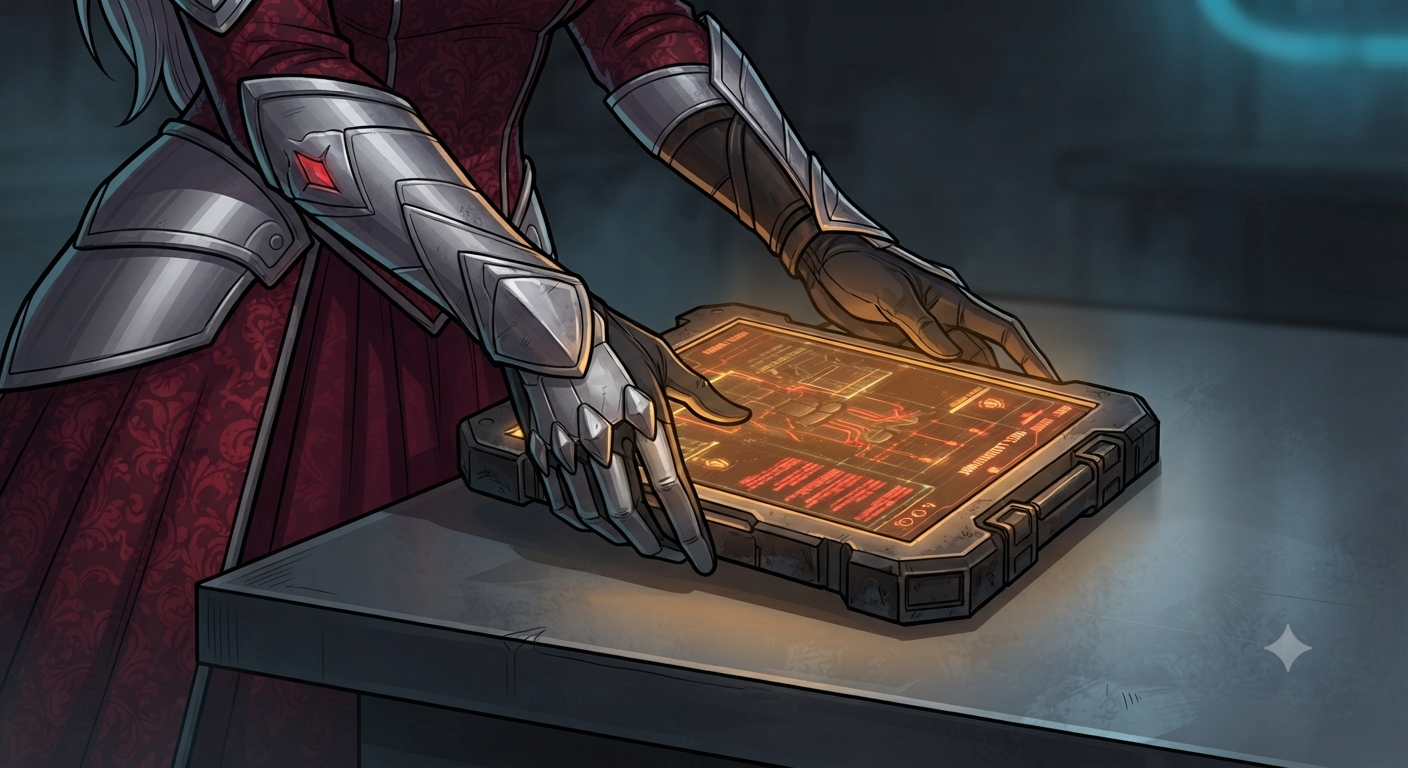 Bloodwood's armored hands on the Bank data pad