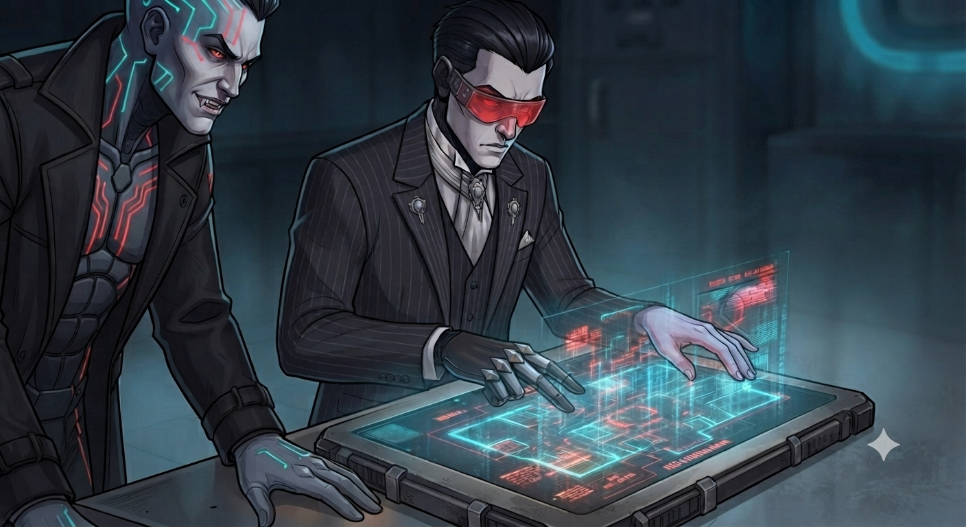 Vance and Nightshade cross-check the holographic floor plan