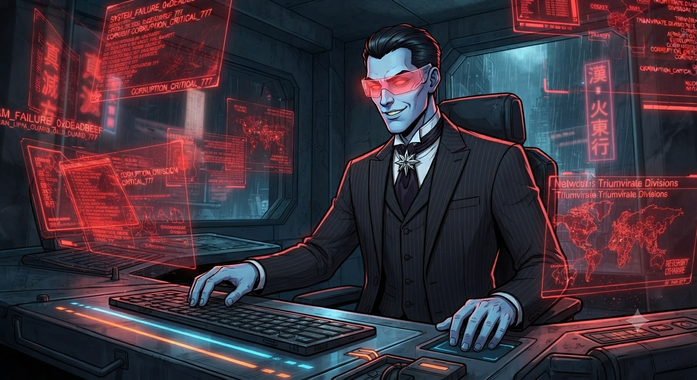 Nightshade hacks Triumvirate systems from the safehouse console