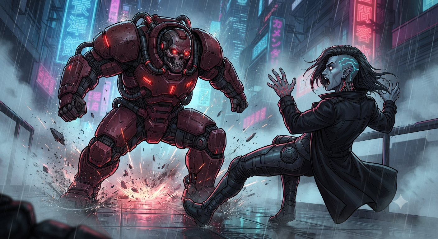 The Crimson Enforcer drops in front of Vance