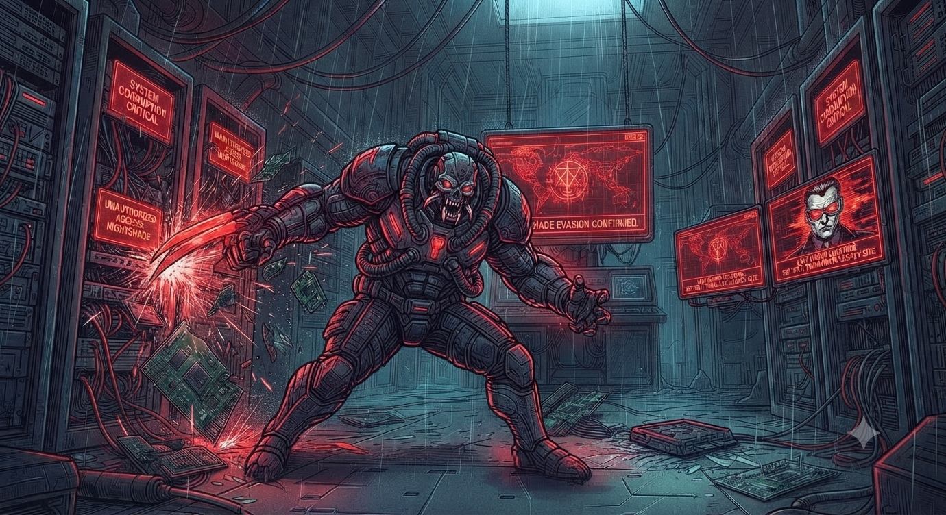 The Crimson Enforcer tears through Nightshade HQ