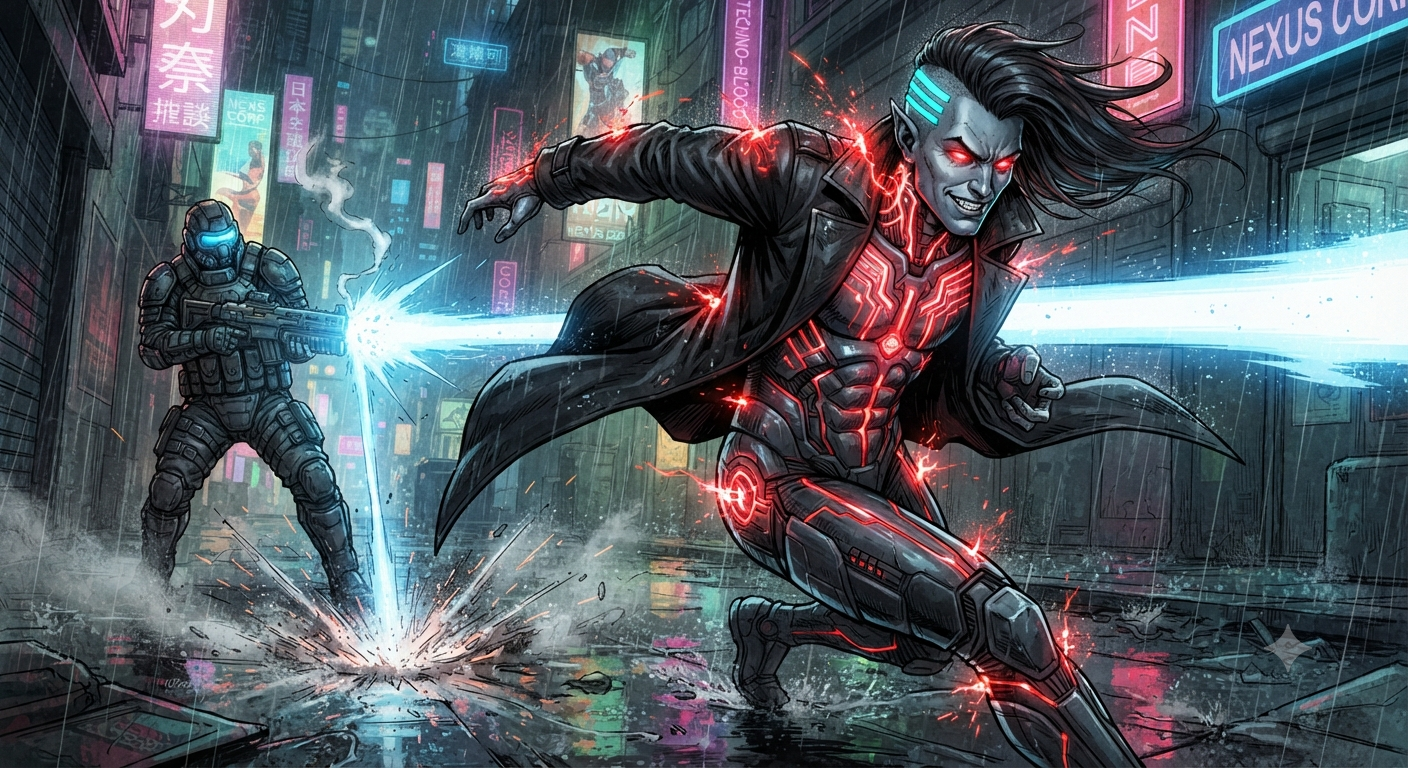 Vance dodges a blue energy beam at full sprint