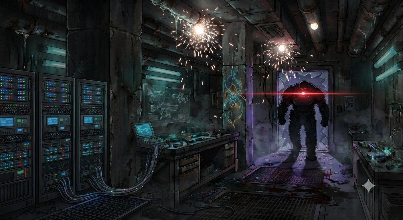 Safehouse ambush - the Crimson Enforcer steps through shattered glass