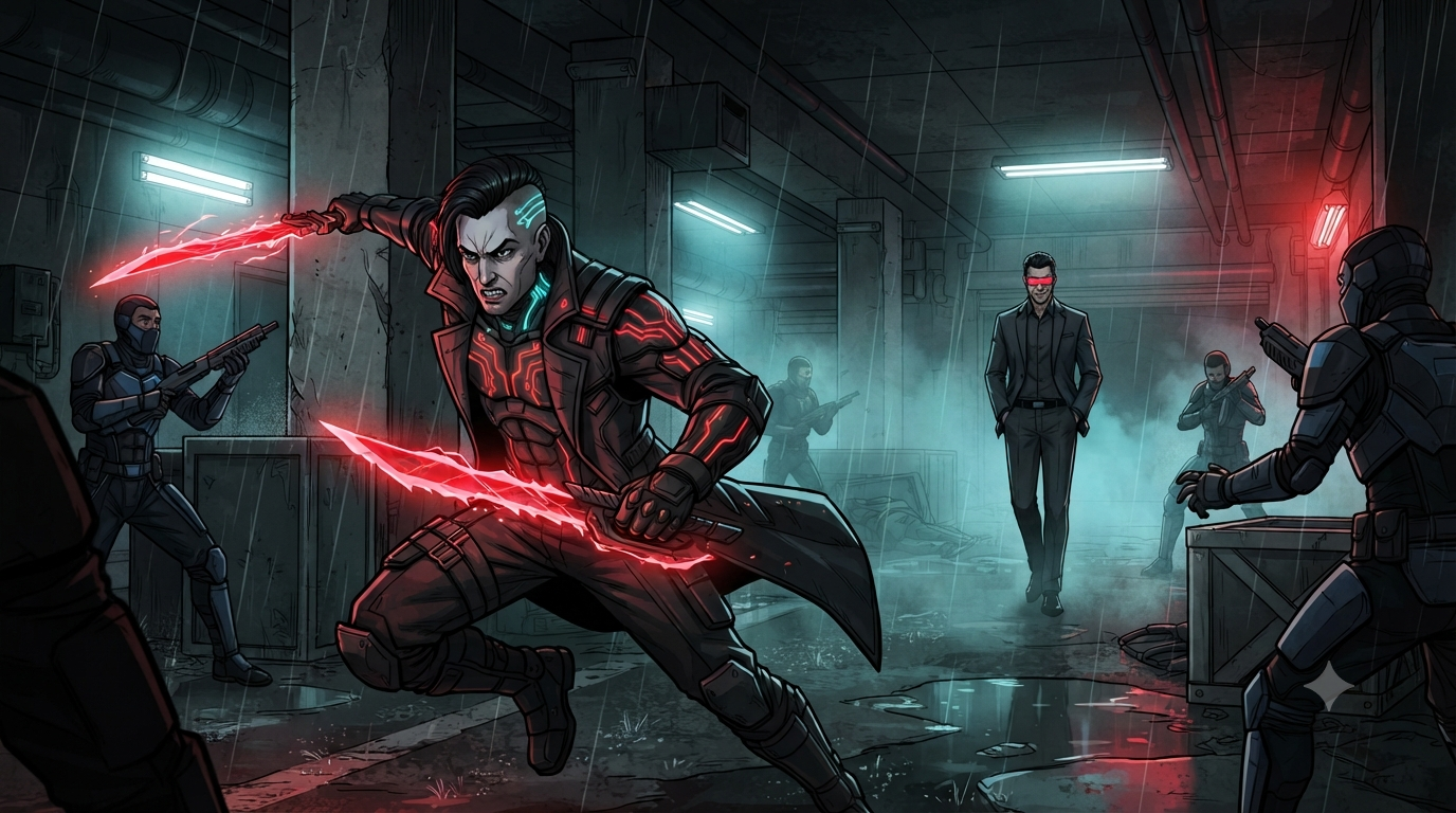 The ambush - loading dock, rain, crimson blades