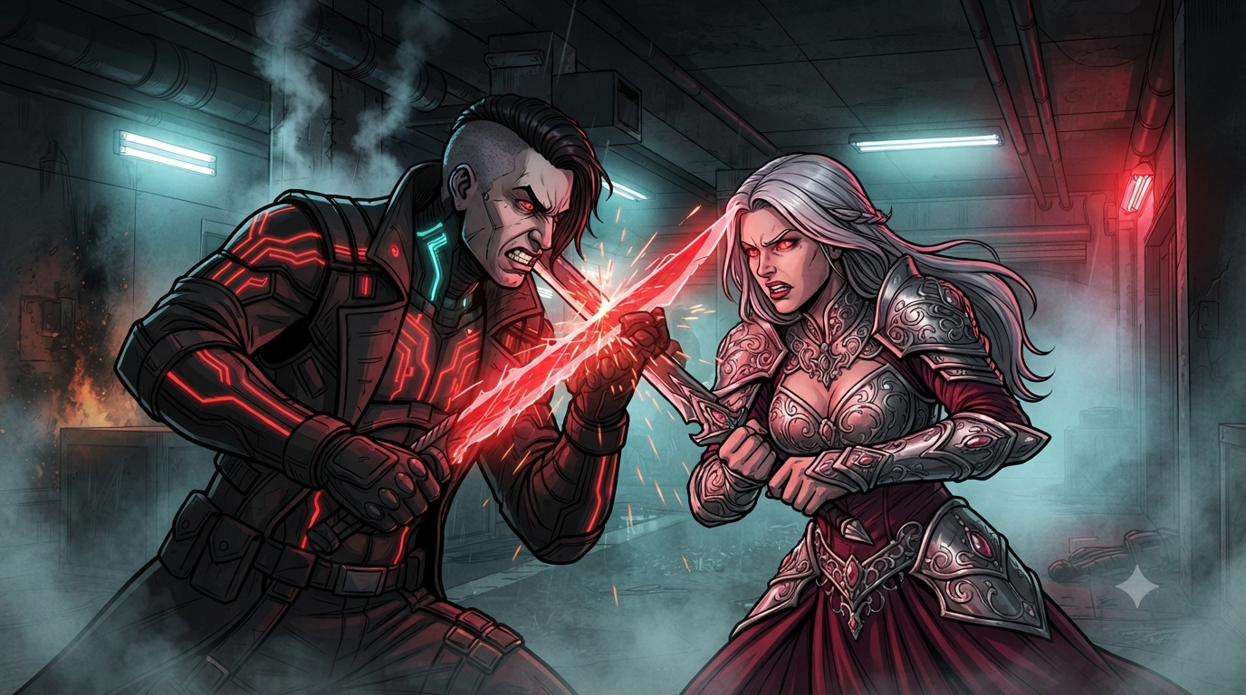 Vance locks blades with Miss Bloodwood